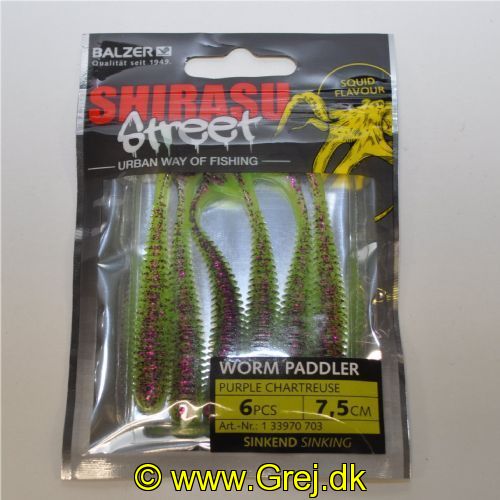 4005652861524 - Shirasu Street Worm Paddler - 75mm. - Vægt:2g. - Farve:Purple/Chartreuse - Baittype:Synkende - Smag/duft:Blæksprutte - 001 3397 703<br>Worm Paddler: Very versatile bait. It can be fished with a jig head as well as with finesse rigs such as Drop Shot or Texas Rig. Plays seductively with even the smallest movements. With squid flavor. Sinking!