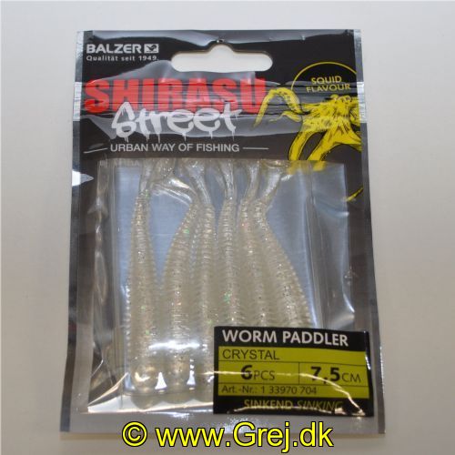 4005652861531 - Shirasu Street Worm Paddler - 75mm. - Vægt:2g. - Farve:Crystal - Baittype:Synkende - Smag/duft:Blæksprutte - 001 3397 704<br>Worm Paddler: Very versatile bait. It can be fished with a jig head as well as with finesse rigs such as Drop Shot or Texas Rig. Plays seductively with even the smallest movements. With squid flavor. Sinking!