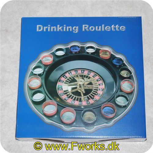 5704777040010 - Roulette spil med shotsglas med de forskellige numre på glassene<BR>
Spilleforslag: Fyld forskelligt i de forskellige glas kan være alt fra saftevand til stærkt alkohol.