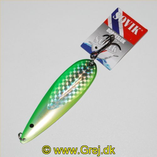 7070795056394 - Trolling/Kystblink - Søvik - Drogesluk - 12 cm - 24g - Grøn/Sølv/Gul glimmer med sort øje - 110% PRISGARANTI*
<BR><BR>
* 110% PRISGARANTI overfor alle Danske butikker der har dem på lager