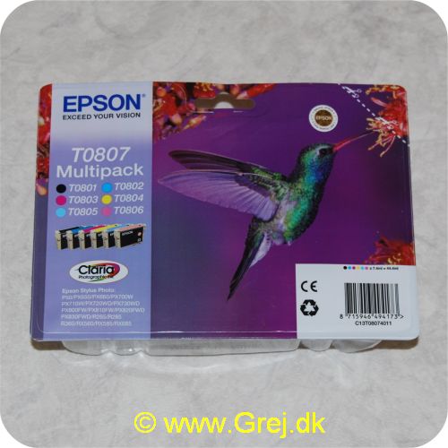 8715946494173 - Epson - T0807 Multipak (Kolibri Serie)<br>Indeholder:<br>1 stk T0801 blæk patron<br>1 stk T0802 blæk patron<br>1 stk T0803 blæk patron<br>1 stk T0804 blæk patron<br>1 stk T0805 blæk patron<br>1 stk T0806 blæk patron<br><br>Passer til flere forskellige Epson modeller